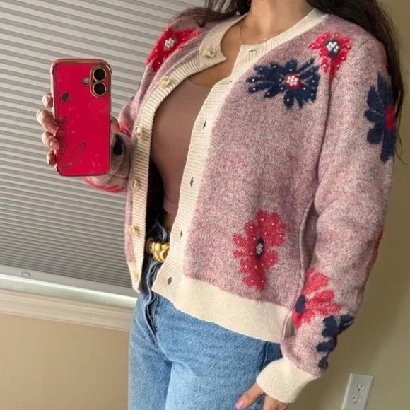 Nicole Miller cardigan sweater pearl floral topper jacket Spring small - Picture 3 of 8